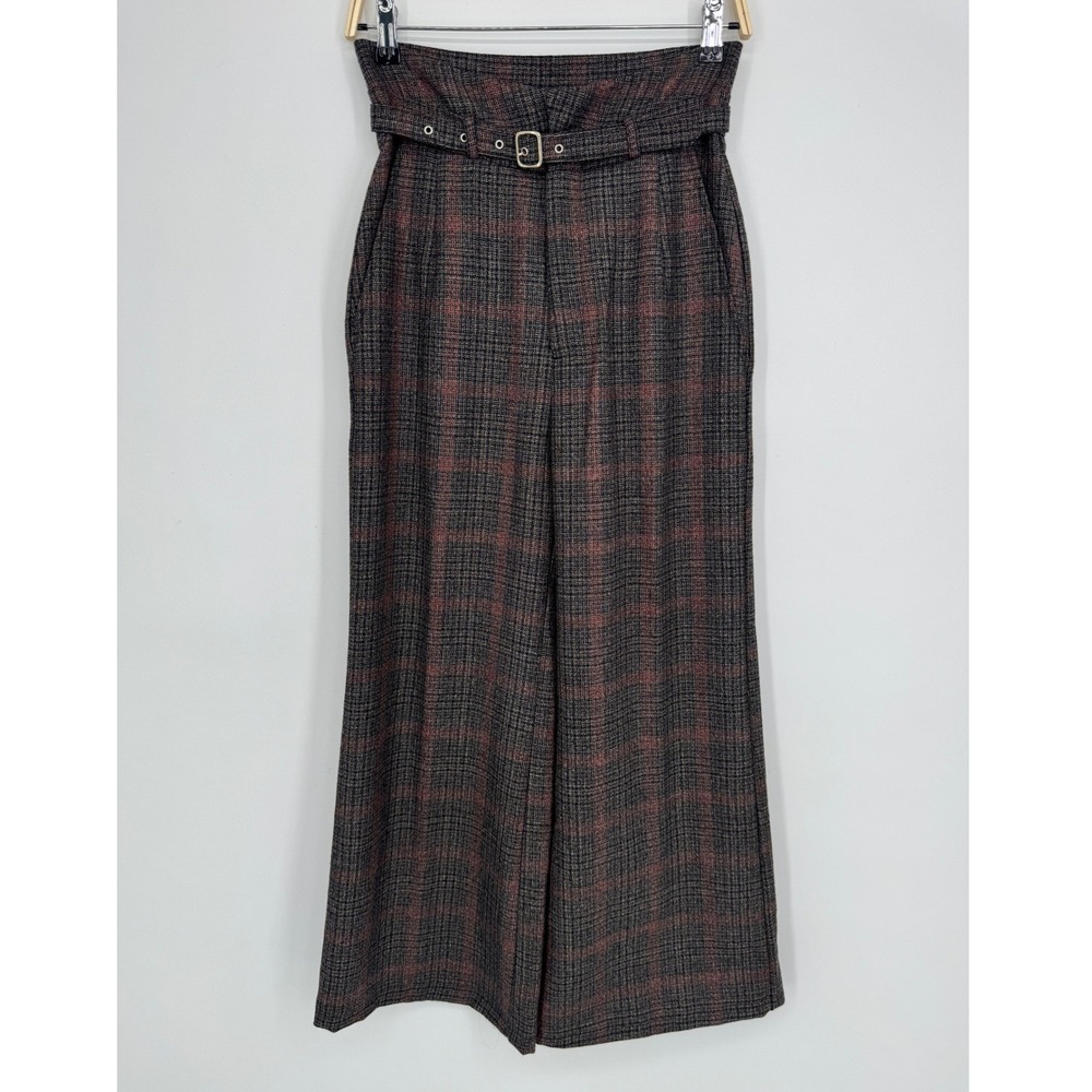 Reformation Belted Wide Leg Trouser Pants 2 Brown Plaid Dark Academia Career - Picture 2 of 12